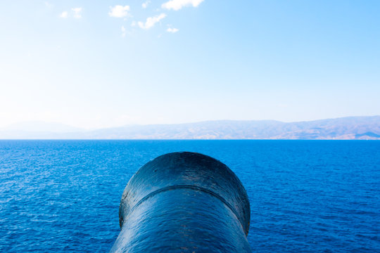 Canon aiming at sea in greek island Hydra in Saronikos Gulf