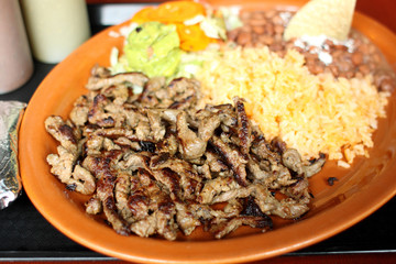 Delicious steak fajitas at a Mexican restaurant.
