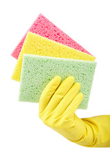 Hand with rubber glove and cleaning sponge on white background
