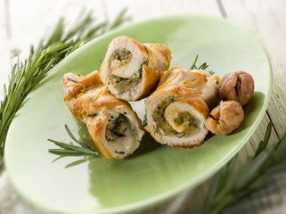 stuffed roll of turkey with chestnut and rosemary,selective focu