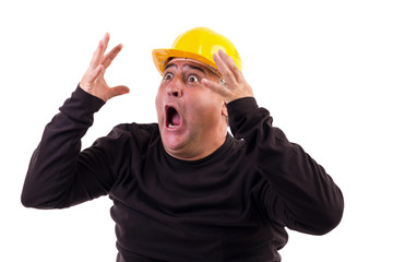 Construction worker screaming in terror - obrazy, fototapety, plakaty