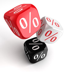 per cent symbol on dice cubes red white black