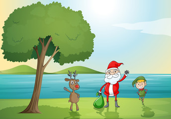 santa claus, a boy and a reindeer