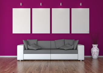Sofa vor weinroter Galeriewand mit Vase