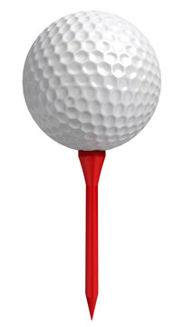 golf ball on red tee on white background