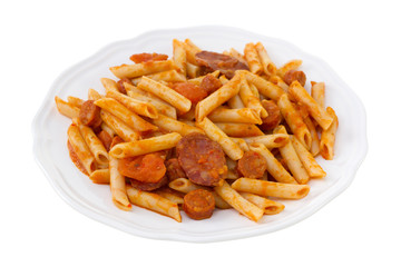 penne with sausages on the white background