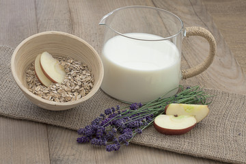 Morning bowl of milk and whole grain flakes