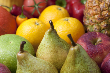 Fruits  colorful mixed assortment pears closeup