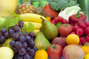 Fruits and vegetables colorful mixed assortment closeup