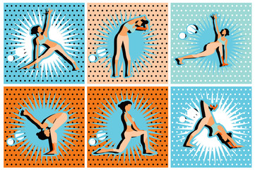 Pop Art Comic yoga, pilates big set of vector symbols