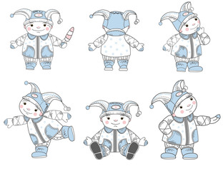 Obraz na płótnie Canvas Funny little winter boy poses graphics set, 6 elements.