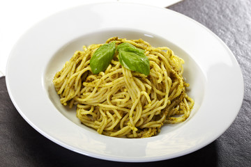 Pasta spaghetti pesto with basil