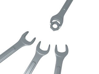 Spanners and nut on white - 3D illustration