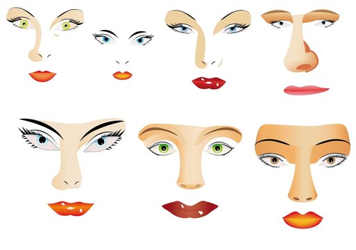 Set of different eyes, lips, noses on white background.