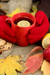 hands holding cup of hot drink and autumn leaves,