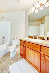 Fototapeta na wymiar Bathroom with white tub, toilet and sink and wood cabinets.
