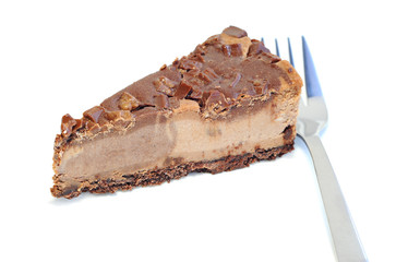Dessert, delicious cheesecake with chocolate, white background