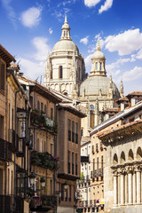Fototapeta premium Old town of Segovia. At the end of the street is the Cathedral.