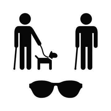 Blind man icons set - with guide dog, walking stick