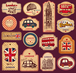 Étiquettes et étiquettes vintage avec symboles de Londres