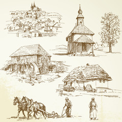 rural landscape, agriculture - hand drawn collection