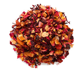 aromatic dry tea with fruits and petals, isolated on white