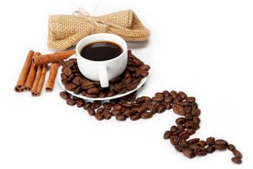 cup with coffee beans isolated on white background.