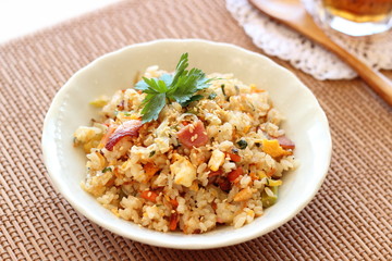 Healthy fried rice with vegetables and bacon