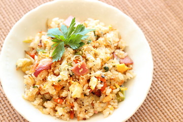 Healthy fried rice with vegetables and bacon
