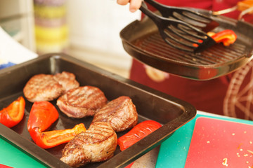 beef steak in a frying pan