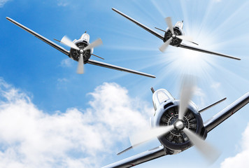 The Fighters - old propeller planes. Retro technology theme.
