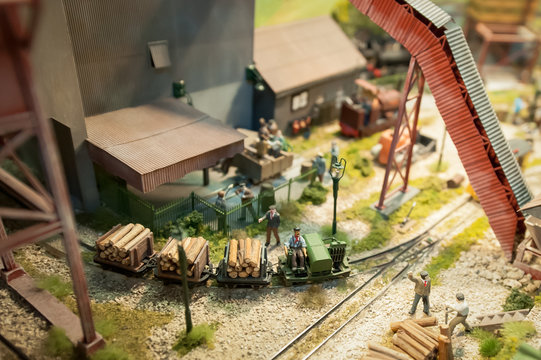 miniature model logging yard and workers