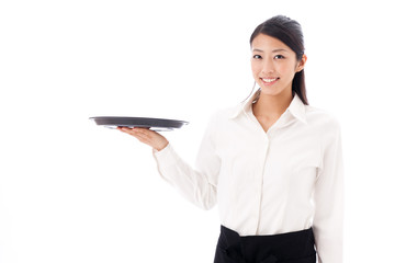 a young asian waitress on white background