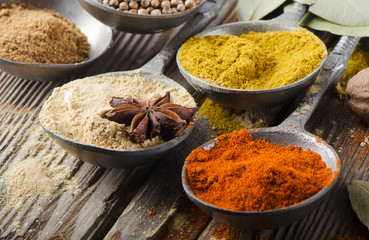 Assortment of powder spices on spoons