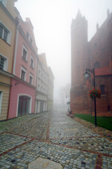 Foggy scenery of Kwidzyn castle and cathedral, Poland
