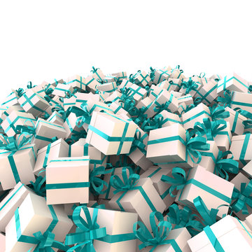 White gift boxes with turquoise ribbons