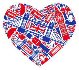 Traditional Symbols of London and England in the form of heart