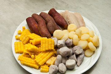 Sweet potatoes, taro roots, boiled banana, truffle and corn
