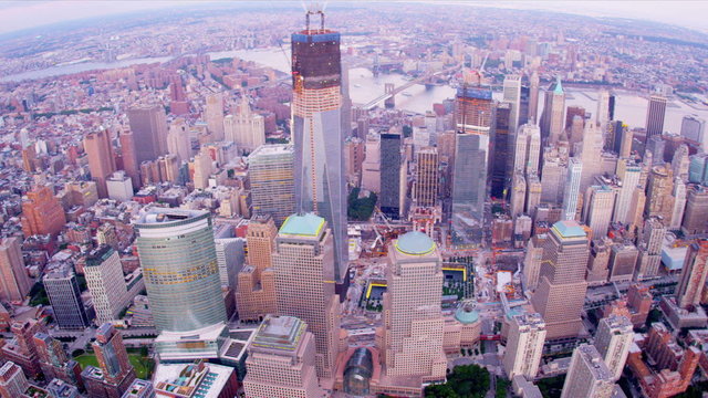Aerial view Freedom Tower, Brooklyn and Manhattan Bridges, Financial District, New York, USA, 