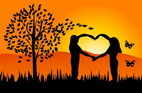Man and woman making heart shape - romantic nature