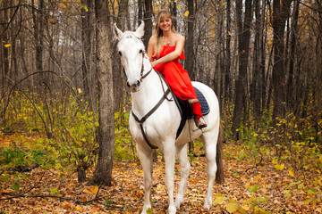 fine young woman on horseback on white horse