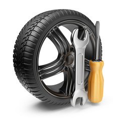 Wheel and tools. Car service. 3D Icon isolated on white backgrou