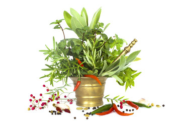 Mixed herbs with red hot peper in mortar with pestle on white ba