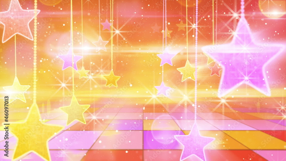 Poster flying past by multicolored hanging stars loopable