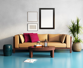 Contemporary elegant beige  sofa, fresh moroccan living room