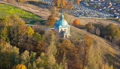 Aerial view of Saint Anna's chapel in town Pinczow, Poland
