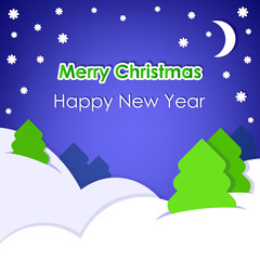 New Year's card on blue background with snow.