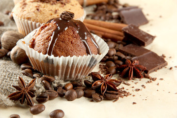 tasty muffin cakes with chocolate, spices and coffee seeds,