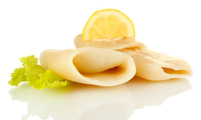 boiled squids with lettuce and lemon isolated on white