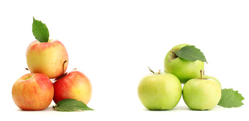 sweet apples with leaves, isolated on white